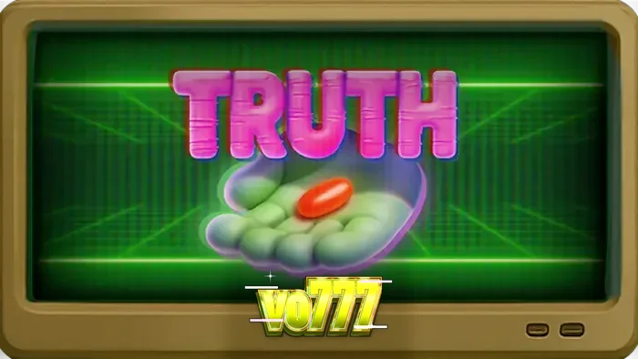 Tampilan antarmuka slot Truth di perangkat seluler yang menunjukkan grid 5x5 dengan tema konspirasi.